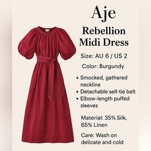 AJE ‘Rebellion’ Midi Smock Dress Burgundy 2 NWT